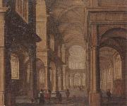 The interior of a reformed church,with a beggar soliciting alms from an elegant company